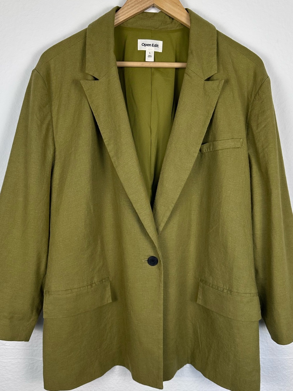 Open Edit Linen Blend Olive Green One Button Blazer Jacket Women’s Large L